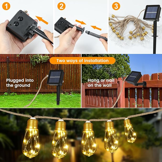 Solar Outdoor String Lights 24FT Vintage Rope Hemp Solar Lights with 20 Shatterproof Bulbs,8 Modes Solar Powered String Lights with Memory Function,Waterproof for Fence,Yard,Camping(Warm White)