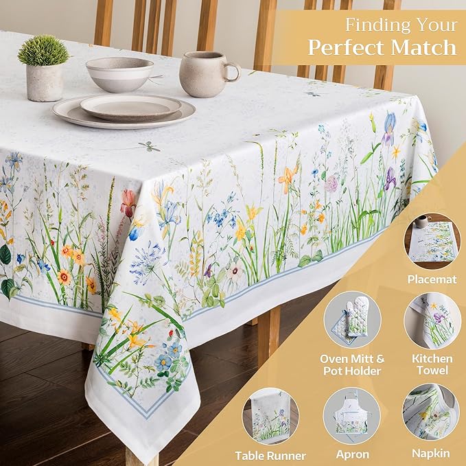 Maison d' Hermine Table Cloth Square Table 100% Cotton 54 x 54 Inches Tablecloth Reusable Decorative for Dining Room, Farmhouse, Home, Party, Festive & Wedding Spring Summer - Fleurs De Mai