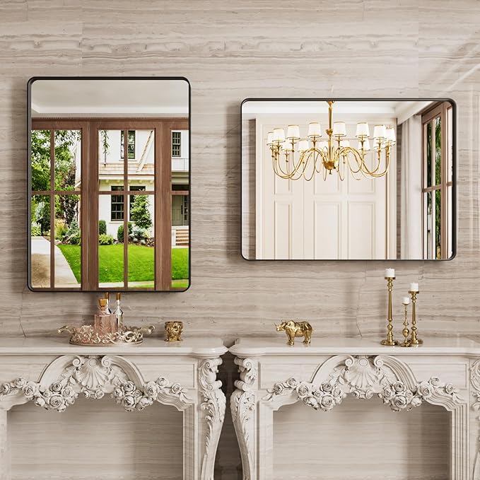 24X36 Inch Black Bathroom Mirror, Black Metal Framed Mirror for Wall, Rounded Rectangle Matte Bathroom Vanity Mirror with Tempered Glass, Anti-Rust, Horizontal/Vertical