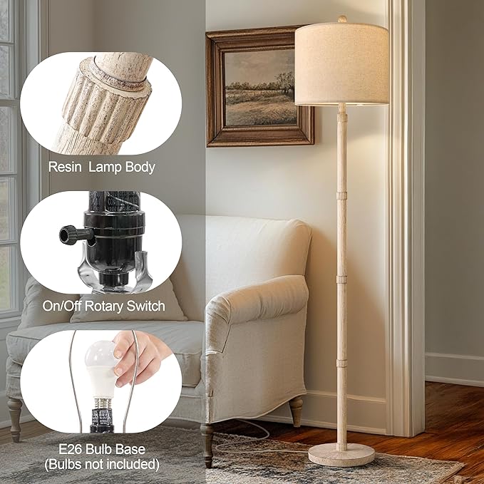 BOBOMOMO Retro Farmhouse Floor Lamp Rotary Switch, 62" Resin Vintage Floor Lamp, Rustic Tall Floor Lamps for Living Room, Corner, Bedroom, Office(Without Bulb)