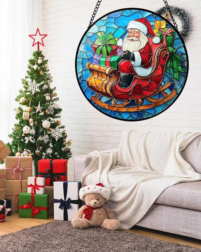 Stained Glass Window Hanging - Red Santa Claus Gift Box Suncatcher for Doors Home Christmas Decoration Winter Sun Catcher Thanksgiving New Year Birthday Gift for Women Men Mom Nana 7.8 in