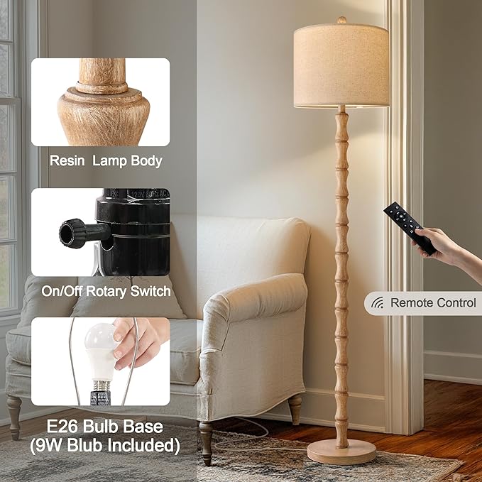 BOBOMOMO 62" Rustic Farmhouse Floor Lamp with Remote & Dimmable 9W Bulb, 3 Color Temperatures Resin Standing Lamp, Retro Corner Tall Lamp for Living Room, Bedroom, Nursery, Office, Reading Nock