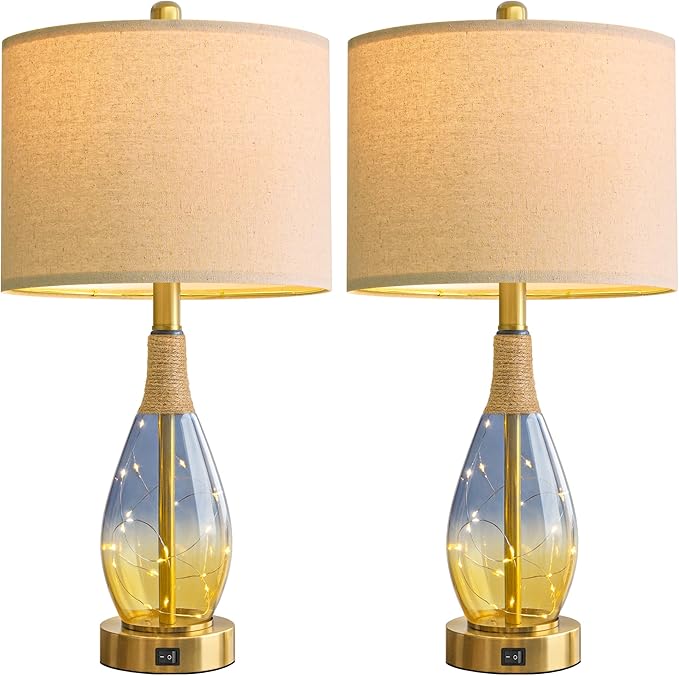 OYEARS 23" Table Lamps for Living Room Set of 2,Bedside Lamps for Night Stands, Rattan Lamps for Bedroom,Farmhouse Lamps with Glass Nightlight,Two Light Points