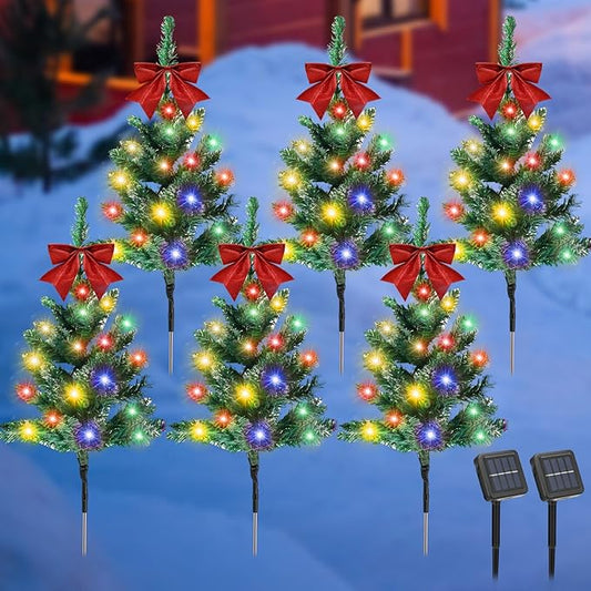 VIHOSE 8 Pcs Solar Christmas Trees Garden Stake Lights Outdoor Xmas Pathway Lights with Decorative Bows Solar Powered Pre-lit Christmas Tree Decor for Outdoor Winter Garden Patio