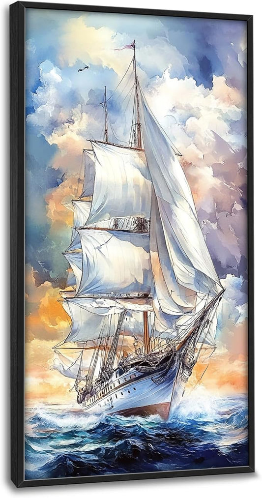 Lovira Nautical Sailboat Large Wall Art Sailing Ocean Coastal Canvas Wall Decor Seascape Pictures Prints Painting Framed Vertical Artwork for Living Room Bedroom Bathroom Kitchen Office 30"x60"
