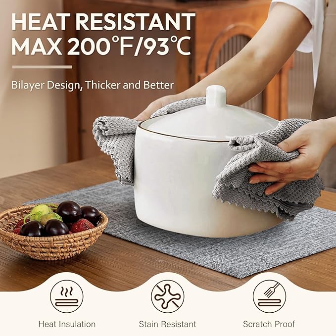 Blue Forest Placemats Set of 6, Dual-Layered Thickened Faux Linen Cloth Place Mats Heat Resistant Machine Washable Wrinkle Free Table Mats Indoor/Outdoor (Light Grey)