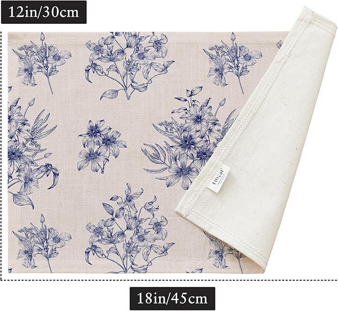 LilyCat Linen Fabric Blue Floral Placemats, Waterproof Durable Boho Dining Table Mats for Kitchen, Rustic Vintage Washable Place Mats Set of 6, 18’’× 12’’