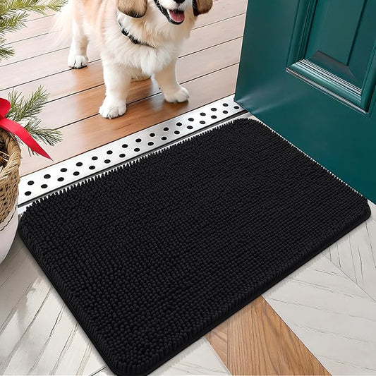 OLANLY Dog Door Mat for Muddy Paws 30x17, Absorbs Moisture and Dirt, Absorbent Non-Slip Washable Doormat, Quick Dry Chenille Mud Mat for Dogs, Entry Indoor Entryway Carpet for Inside Floor, Black