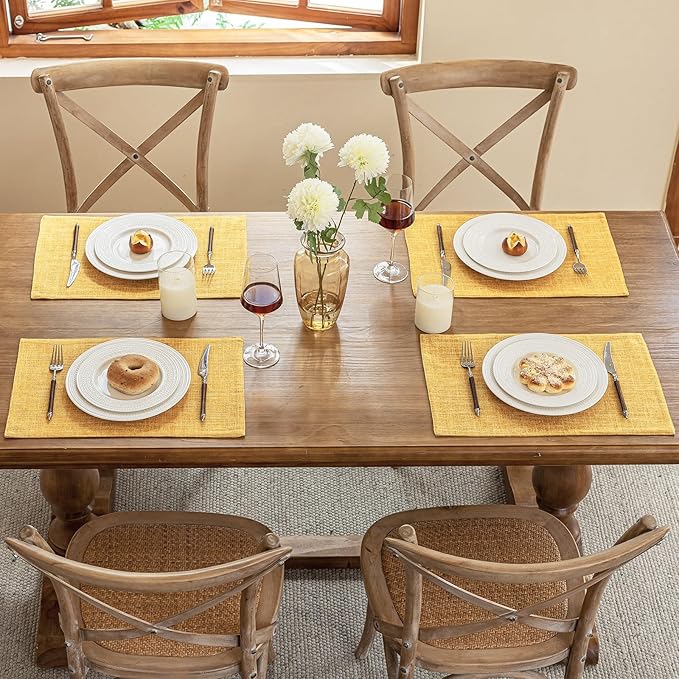 Blue Forest Placemats Set of 6, Dual-Layered Thickened Faux Linen Cloth Place Mats Heat Resistant Machine Washable Wrinkle Free Table Mats Indoor/Outdoor (Yellow)