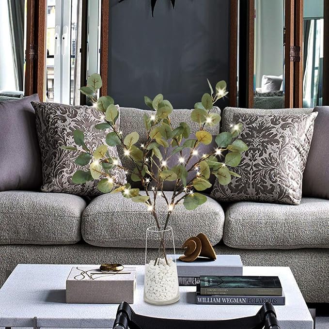 Lighted Eucalyptus Branches, 32 Inch Branches with 32 LED Lights, Battery Powered Eucalyptus Branches for Vases, Prelit Tree Braches for Home Wedding Indoor Outdoor Spring Decorations, Timer