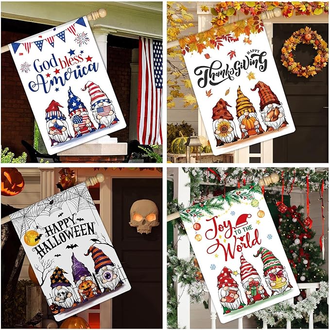 12 Pcs Three Gnomes Seasonal Large Garden Flags Double Sided Seasonal Truck Garden Flags for All Seasons Set of 12 Spring Easter Valentine Halloween Christmas Holiday Yard Decoration, Welcome Outdoor