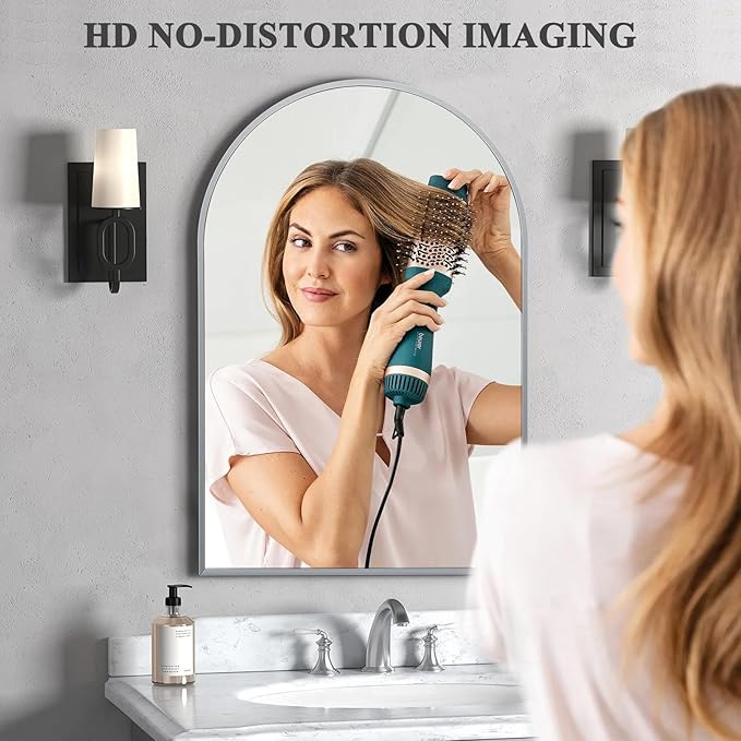 22" x 30" Silver Arched Mirror, Arch Bathroom Vanity Mirror, Modern Aluminum Alloy Metal Frame Arch Mirror for Living Room, Bedroom, Entryway, Tempered Glass, Shatter Proof, Anti-Rust