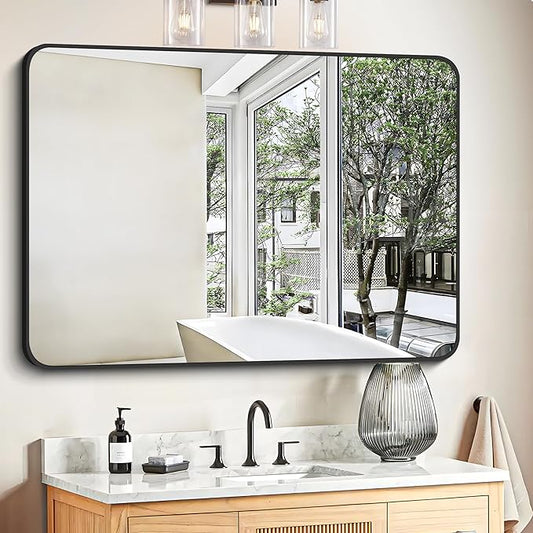 FORBATH Bathroom Mirror 30" X 40", Large Rectangular Wall Mirror, Black Metal Framed Rounded Corner Wall Mounted Mirror for Bathroom Bedroom Entryway Decor(Horizontal/Vertical)