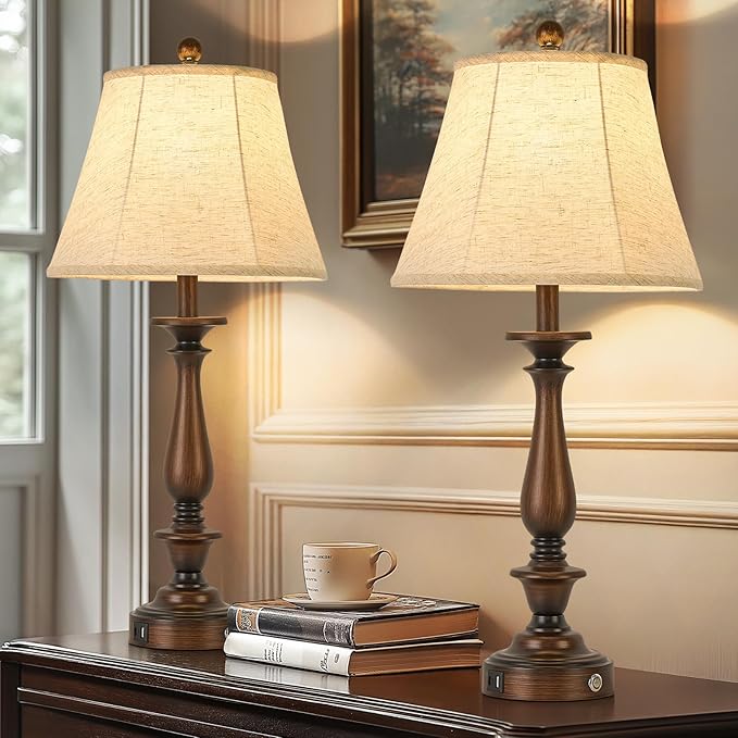 AIDENOEY 28.5" Traditional Table Lamp Set of 2, Rustic Farmhouse Table Lamps for Living Room Bedroom, Bedside Desk Lamps Vintage Nightstand Lamps with Silk Fabric Shades,Antique Copper Table Lamp