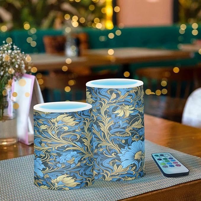 ALAZA Gold Navy Blue Floral01 Flickering Flameless Candles Battery Operated with Remote Timer,Tea Light Candles LED Pillar Votive Candles Set of 2 for Outdoor Indoor Decorations