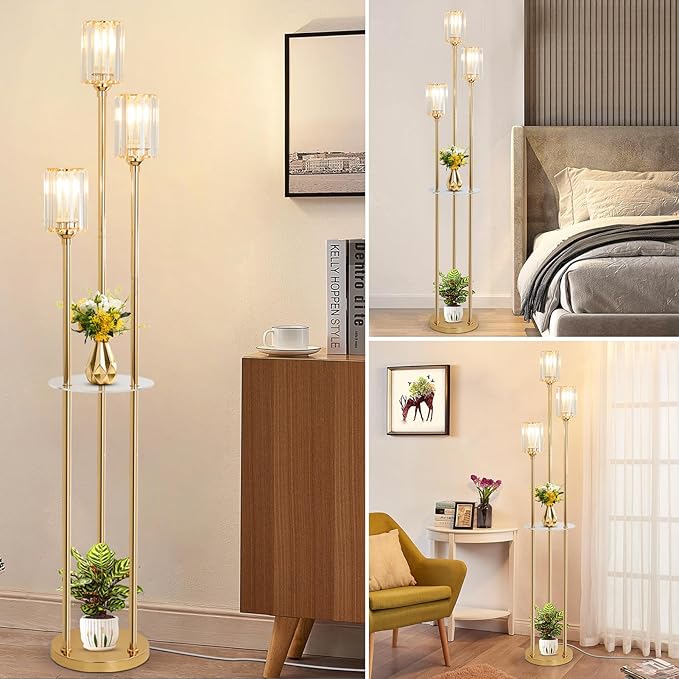 HMVPL Gold Floor Lamps for Living Room, Modern Floor Lamp with Shelves, Crystal Standing Lamps with Table, Brass Tall Lamp with Crystal Shade, On/Off Switch, Mid Century Corner Floor Lamp for Bedroom
