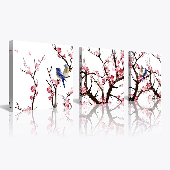 NAN Wind 3PCS Chinese Cherry Blossom Canvas Wall Art Pink Plum Flowers with Blue Birds Wall Decor Asian Oriental Style Artwork Spring Nature Home Decor Living Room Bedroom Decoration Ready to Hang