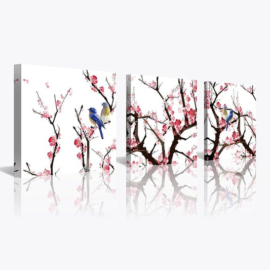 NAN Wind 3PCS Chinese Cherry Blossom Canvas Wall Art Pink Plum Flowers with Blue Birds Wall Decor Asian Oriental Style Artwork Spring Nature Home Decor Living Room Bedroom Decoration Ready to Hang