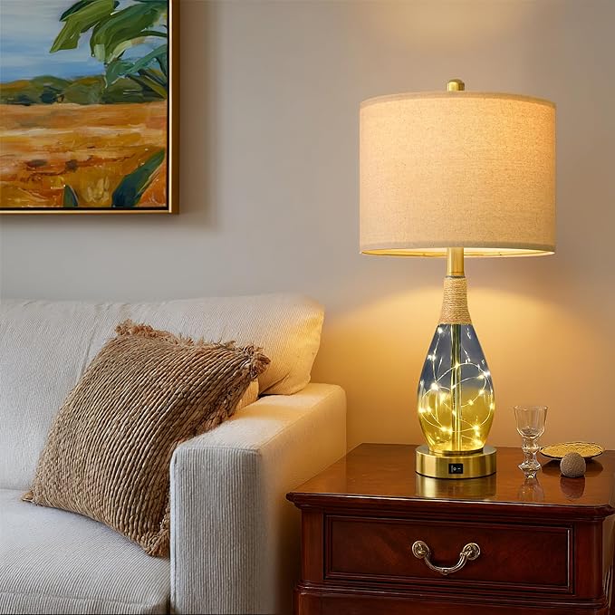 OYEARS 23" Table Lamps for Living Room Set of 2,Bedside Lamps for Night Stands, Rattan Lamps for Bedroom,Farmhouse Lamps with Glass Nightlight,Two Light Points