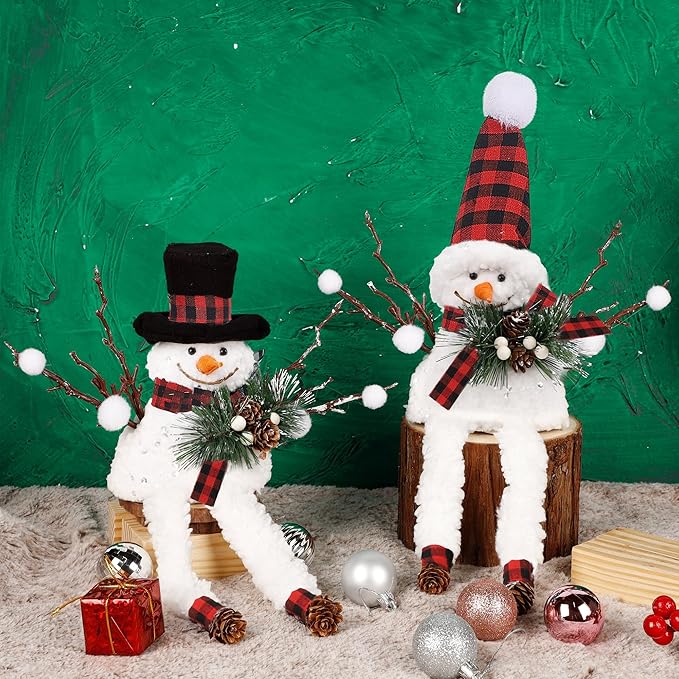 Lulu Home Set of 2 Christmas Snowman Ornaments for Table Mantel Desk Fireplace Home Holiday Decor (Red and Black)