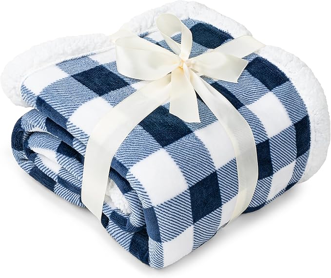PAVILIA White and Navy Blue Buffalo Plaid Sherpa Throw Blanket for Couch Twin, Soft Fuzzy Flannel Blanket for Bed, Plush Checkered Fleece Blanket and Throws, Warm Thick Winter Blanket Gift, 60x80