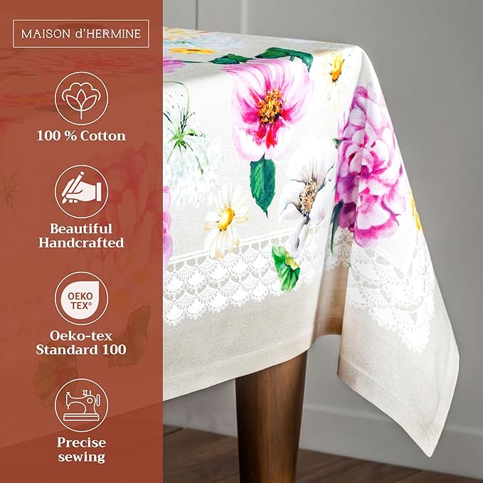 Maison d' Hermine Table Cloth Rectangle Table 100% Cotton 60 x 108 Inches Tablecloth Reusable Decorative Everyday Use for Dining Room, Farmhouse, Home, Party, Festive & Wedding Spring Summer - Pivoine