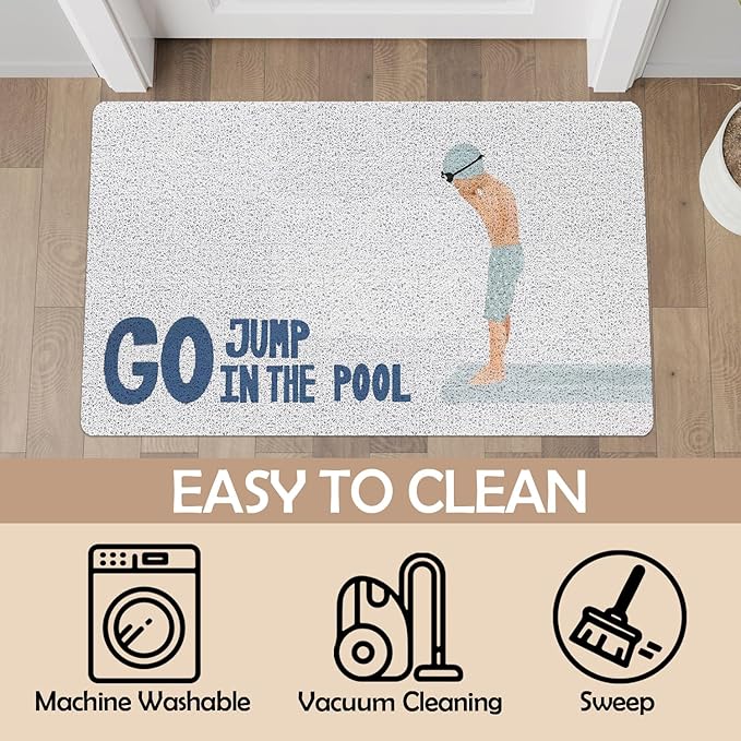 Coastal Beach Door Mat, Go Jump in The Pool Funny Blue Doormat Welcome Mats for Front Door Porch Outdoor Outside Entrance, Beach Bath Rug for Bathroom, 17x30 Inch