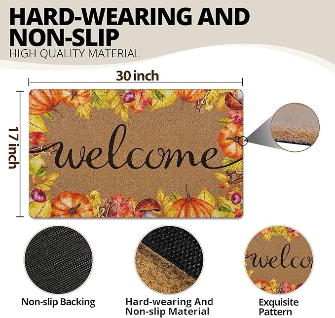 Fall Pumpkin Welcaome Door Mat, Fall Pumpkin Welcome Front Door Mat Indoor Outdoor Entrance, Seasonal Autumn Artificial Coir Doormats Rugs for Porch Entryway Decor 30x17in