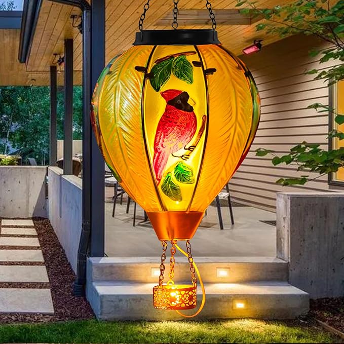 Large Hot Air Balloon Cardinal Solar Lantern Lights with Flame, Green Glass Balloon Lantern Waterproof Outdoor Decor for Garden Yard Patio, Birthday Mother's Day Gifts for Moms Women