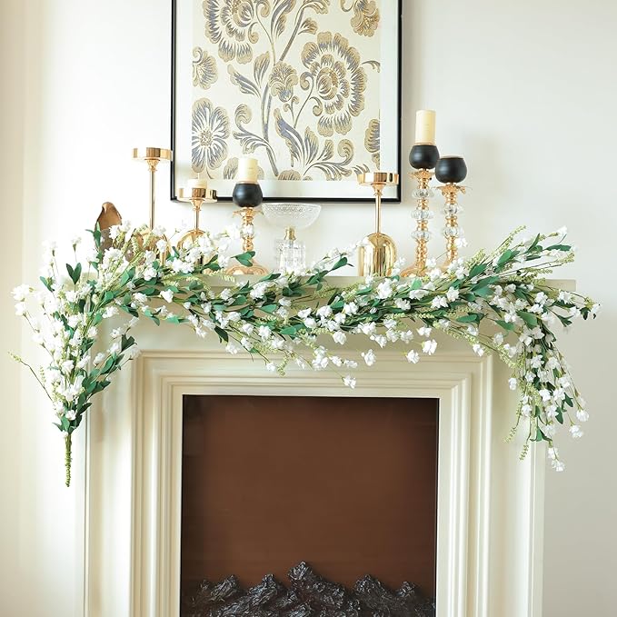 Mizii White Artificial Flower Garland 6FT Fake Wildflower Floral Garland Hanging Vines Spring Summer Flowers Decorations for Mantle Table Centerpieces Room Wall Fireplace Wedding Decor (White)