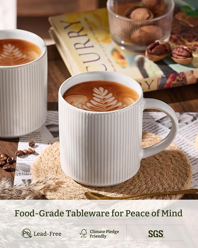 famiware Coffee Mug Set for 4, Star 16 oz Catering Mugs Cup Set with Handle for Coffee, Tea, Cocoa, Milk - Ceramic Stoneware Drinkware Set, Matte White