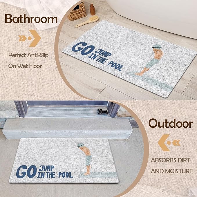 Coastal Beach Door Mat, Go Jump in The Pool Funny Blue Doormat Welcome Mats for Front Door Porch Outdoor Outside Entrance, Beach Bath Rug for Bathroom, 17x30 Inch