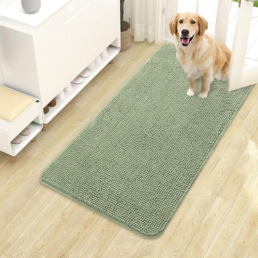 OLANLY Dog Door Mat for Muddy Paws 40x24, Absorbs Moisture and Dirt, Absorbent Non-Slip Washable Doormat, Quick Dry Chenille Mud Mat for Dogs, Entry Indoor Entryway Carpet for Inside Floor, Sage Green