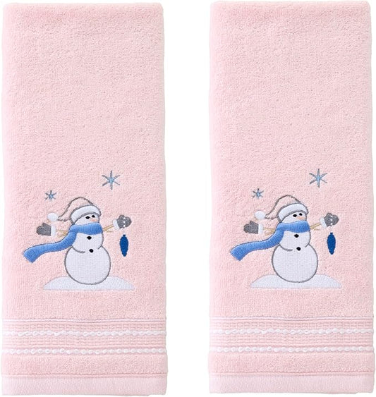 SKL Home Christmas/Winter Glam Snowman 100% Cotton Embroidered 2pc Hand Towel Set, Decorative for Bath/Kitchen/Bar, Pink