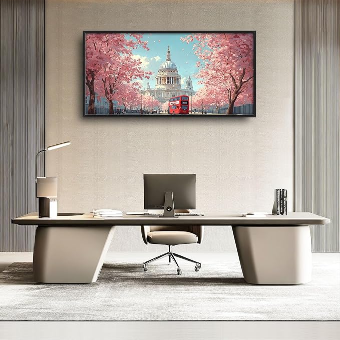 England London Paul’s Cathedral Large Wall Art Cityscape Cherry Blossom Pictures Wall Decor Street Scene Canvas Spring Print Painting Modern Artwork Home Decoration for Living Room Bathroom Bedroom Office Framed 60"x30"