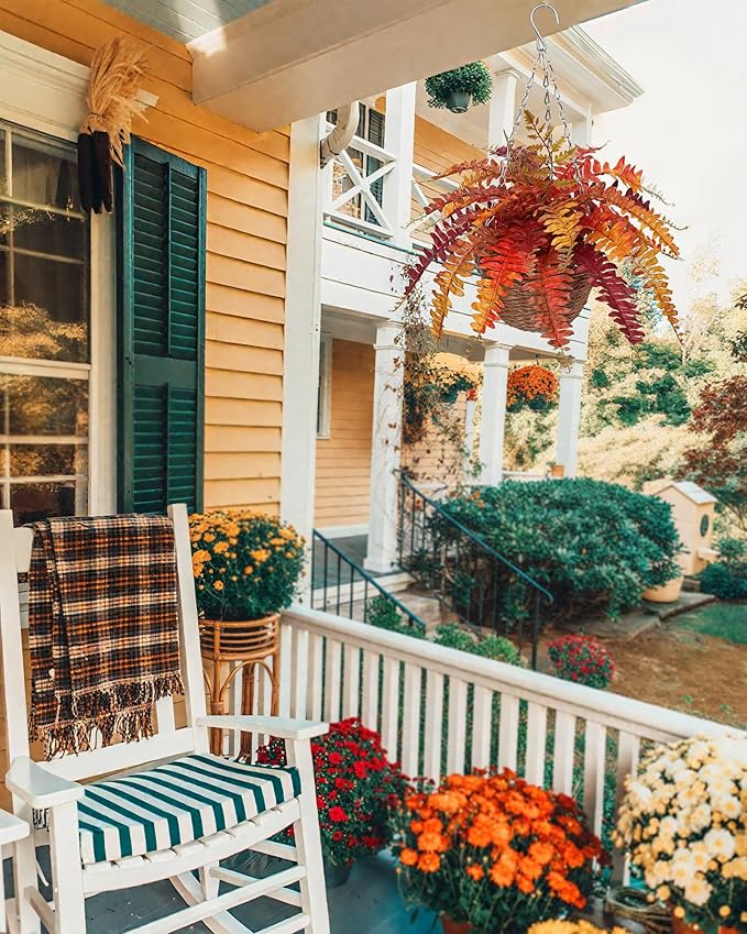 Hollyone Fall Hanging Baskets Small Artificial Fern Orange 21 Leaves Fall Hanging Decor Plant Boston Ferns Silk Plants with Brown Rattan Baskets Outdoors Indoor Fake Fern Autumn Decorations for Home