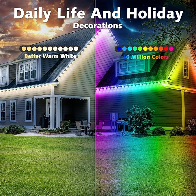 100FT Permanent Outdoor RGB Lights,Waterproof Smart LED Eaves Lights with App/Remote Control,for Christmas and All Holiday Decor,Daily and Accent Lighting,House Roof and Garden Lighting
