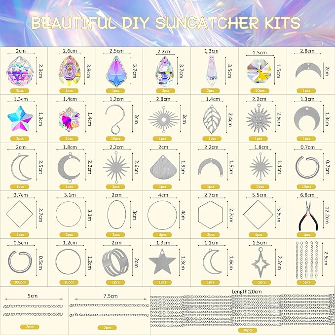 H&D HYALINE & DORA DIY Crystal Suncatcher Assembly Craft Kits for Adults 215pcs Rainbow Prisms Beads Pendant Crystal Window Sun Catchers Hanging Ornament Indoor Outdoor Decor, Silver