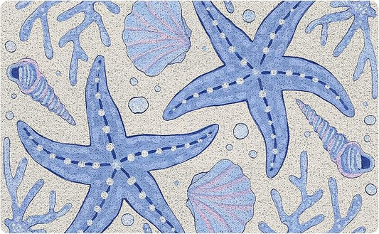 Blue Beach Door Mat, Blue Starfish Seashells Coastal Ocean Welcome Mats for Front Door, Nautical Beach Doormat Indoor Outdoor Entrance Outside Inside Entryway, 17x30 Inch