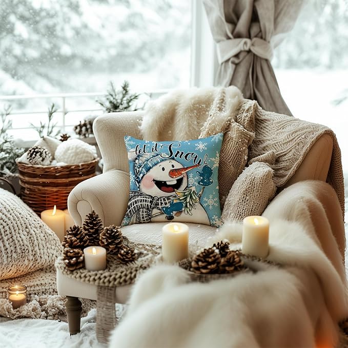 GEEORY Winter Chillin' with My Snowmies Throw Pillow Covers 16x16 Inch Set of 4, Snowmen Let it Snow Shake Your Flakes Blue Holiday Farmhouse Decorative Cushion Cases for Home Decoration G640-16