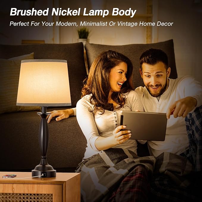 Grey Lamps for Bedrooms Set of 2 - Touch Control Bedside Lamp with USB C+A, 3 Way Dimmable Nightstand Lamps with USB Port, Table Lamp for Living Room(Grey Shade and Black Base)