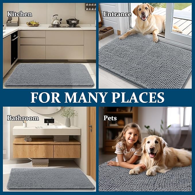 OLANLY Dog Door Mat for Muddy Paws 59x35, Absorbs Moisture and Dirt, Absorbent Non-Slip Washable Doormat, Quick Dry Chenille Mud Mat for Dogs, Entry Indoor Entryway Carpet for Inside Floor, Grey