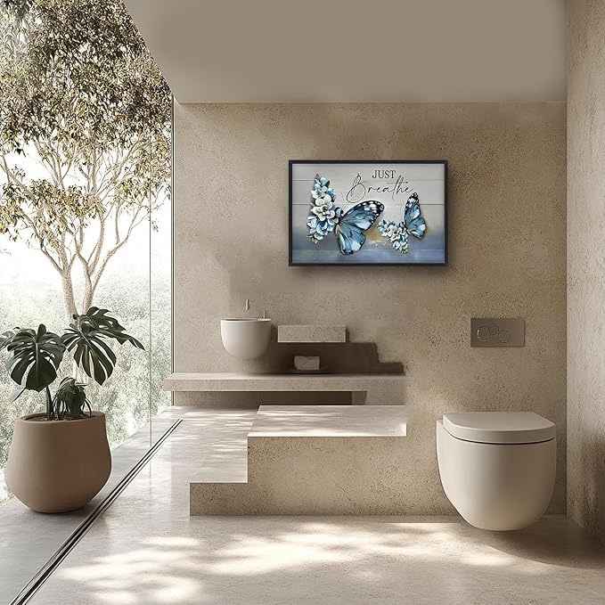 Lovira Blue Butterfly Large Wall Art Just Breathe Canvas Wall Decor Pictures Prints Painting Framed Artwork for Living Room Bedroom Bathroom Kitchen Office 24"x36"