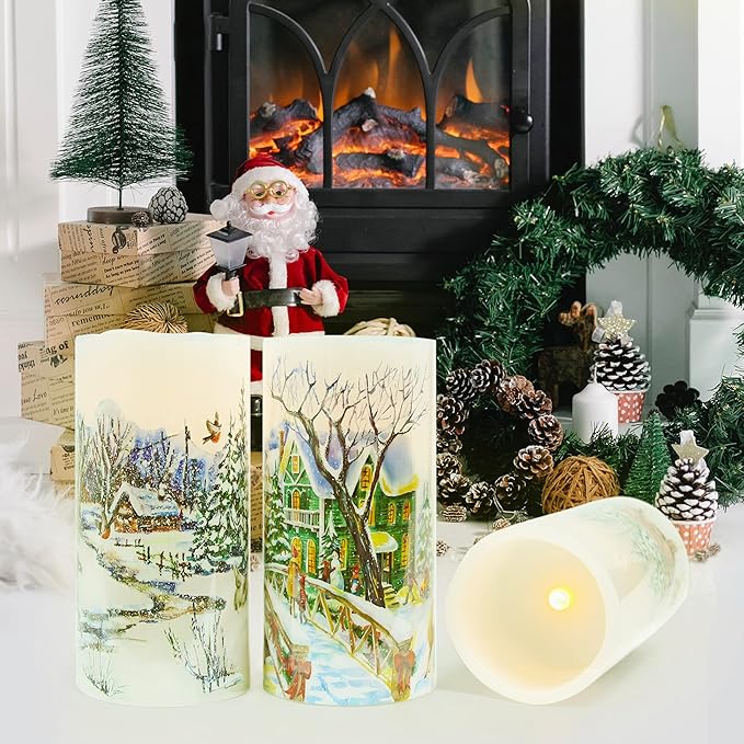 Christmas Flameless Candles Real Wax LED Candles Decor Battery Operated with Timer and Green Christmas Tree Decal,Set of 3,Warm Light