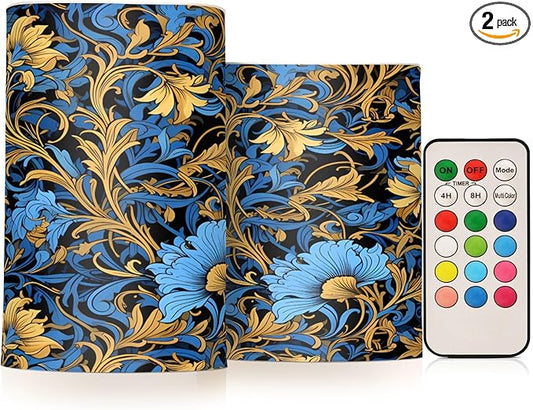 ALAZA Gold Navy Blue Floral01 Flickering Flameless Candles Battery Operated with Remote Timer,Tea Light Candles LED Pillar Votive Candles Set of 2 for Outdoor Indoor Decorations
