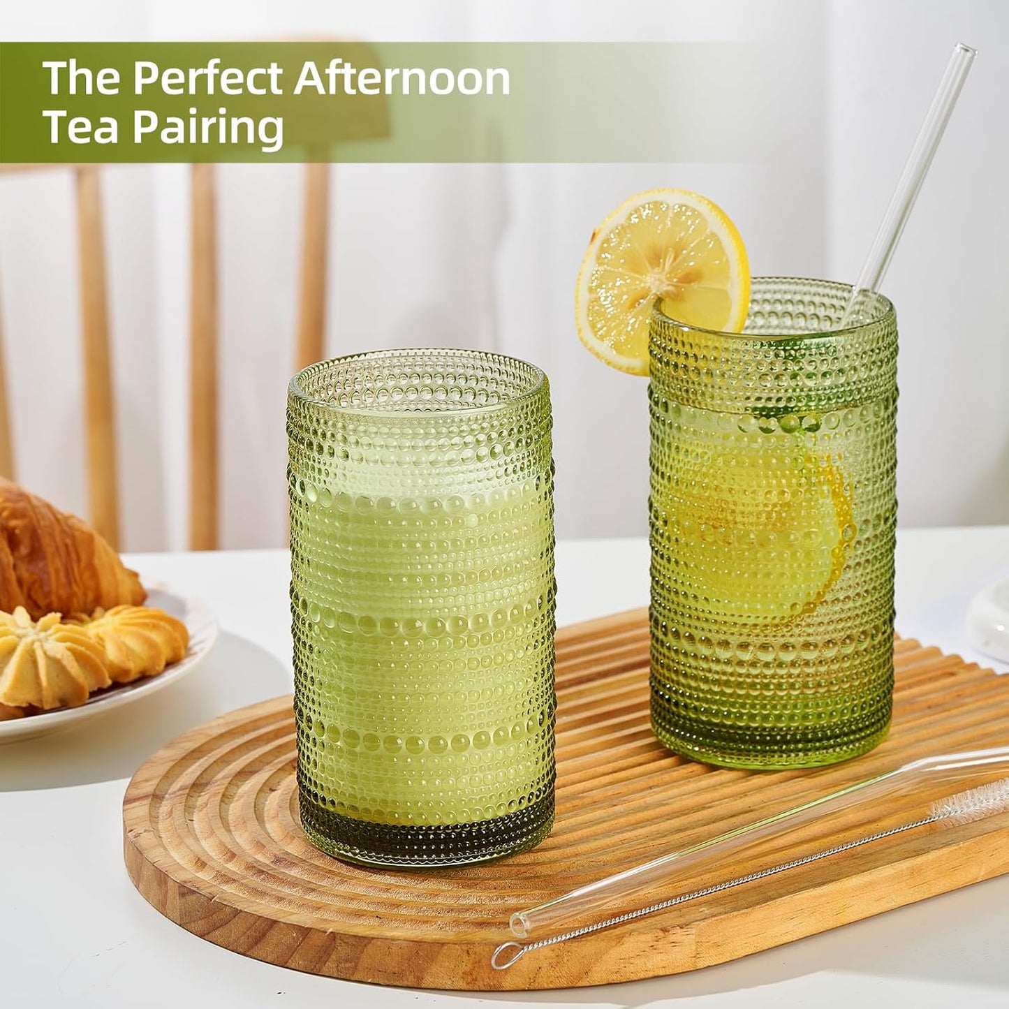 16oz Hobnail Drinking Glasses Set of 6, Vintage Large Capacity Embossed Green Tumblers, Highball Glasses for Water, Cocktail, Beer, Whiskey, Juice & Bar Use