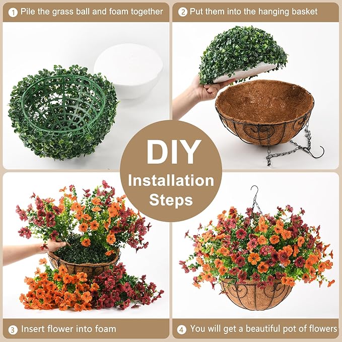 Artificial Fake Hanging Plants Flowers Basket, Faux Silk Daisy in Planter Realistic UV Resistant for Outside Home Patio Balcony Yard Spring Outdoor Decoration (Orange Brown)