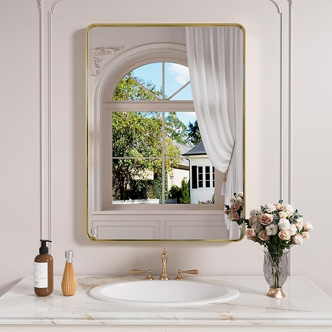 Gold Bathroom Mirror, 22x30 Inch Brushed Gold Metal Frame Mirror for Wall, Rounded Rectangle Bathroom Vanity Mirror, Tempered Glass, Anti-Rust, Horizontal/Vertical