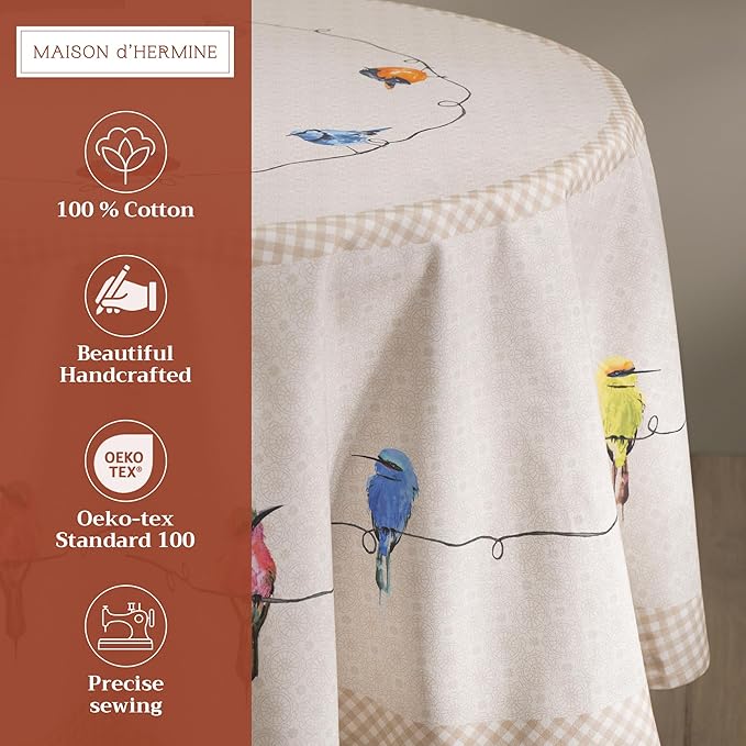 Maison d' Hermine Table Cloth Round Table 100% Cotton 69 Inches Tablecloth Reusable Decorative Everyday Use for Dining Room, Farmhouse, Home, Party, Festive & Wedding Spring Summer - Birdies On Wire
