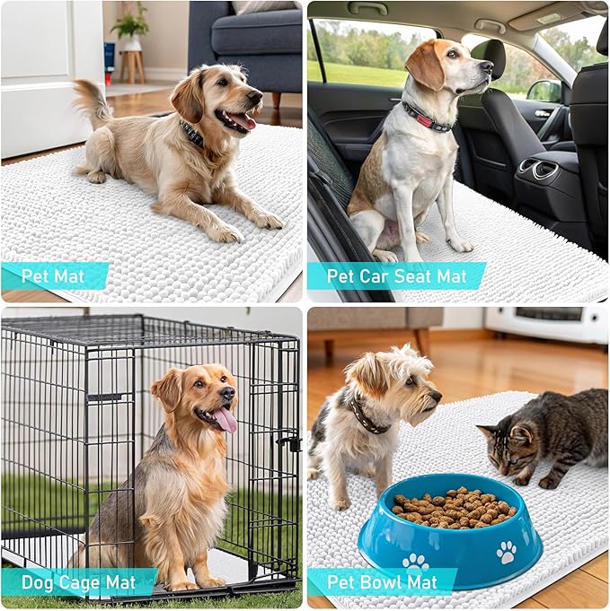 OLANLY Dog Door Mat for Muddy Paws 59x24, Absorbs Moisture and Dirt, Absorbent Non-Slip Washable Doormat, Quick Dry Chenille Mud Mat for Dogs, Entry Indoor Entryway Carpet for Inside Floor, White